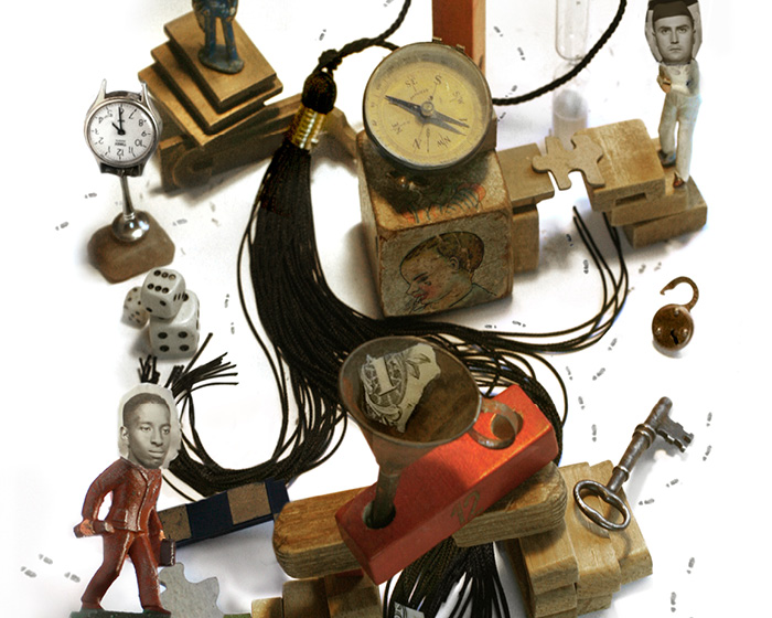 Collage of puzzle pieces, dice, compass, pictures of students, key, watch, and other nik naks