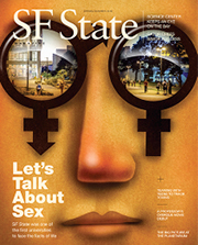 Cover of spring/summer 2018 magazine with illustration of face wearing gender glasses