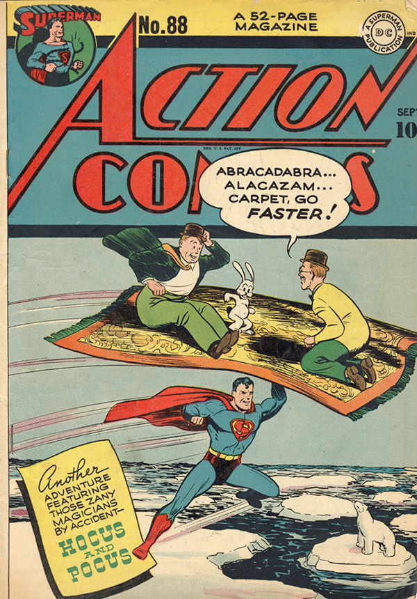 Superman No.88 Comic Book cover: Superman holding up two men and a rabbit on a carpet