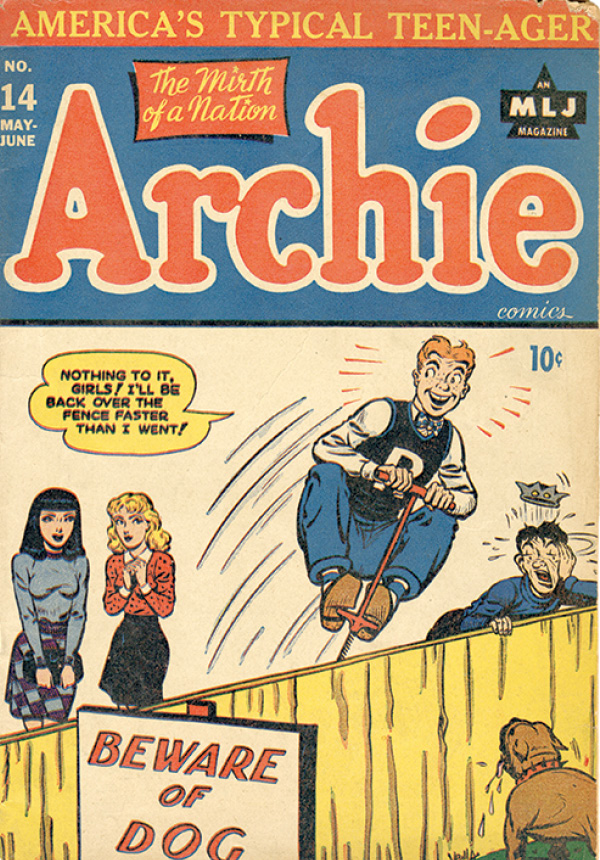 Archie No. 14 Comib Book Cover: Boy hopping over the fence with a pogo stick