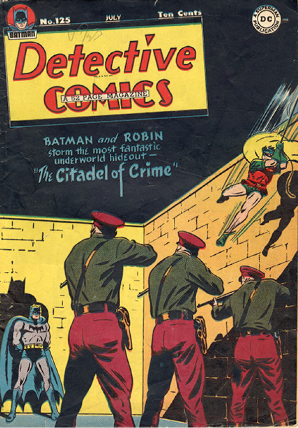 Batman and Robin No. 125 Comic Book Cover: Three soldiers preparing to shoot batman and robin swinging on a rope