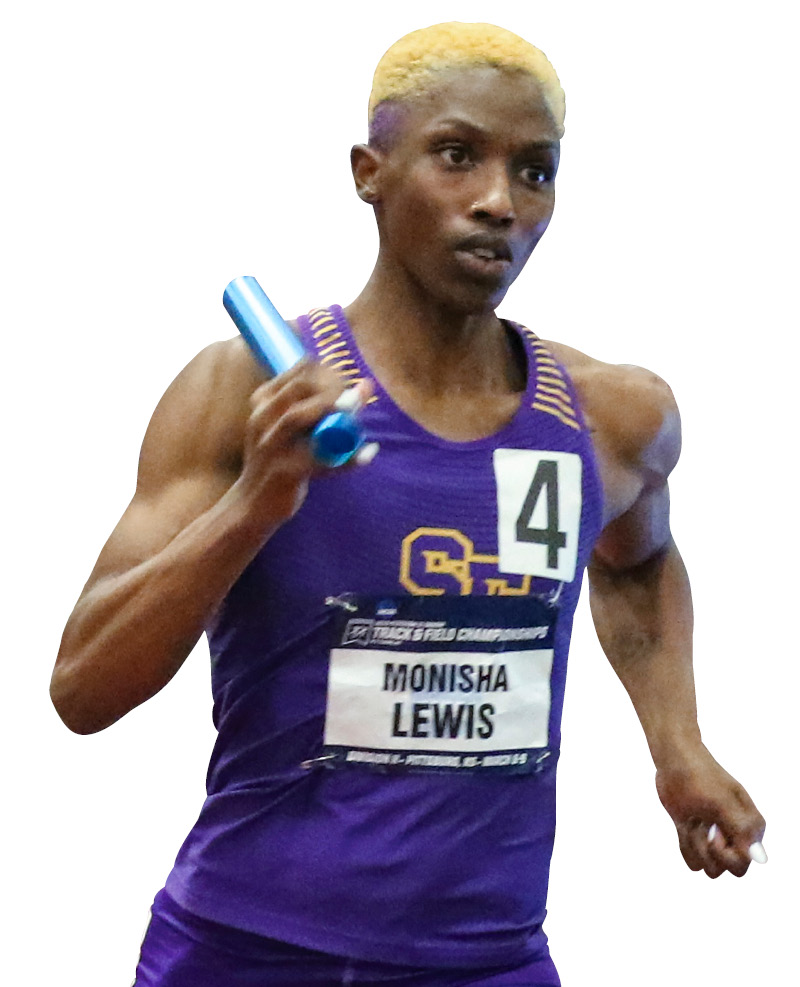 Monisha Lewish in a SFSU track uniform and holding a baton