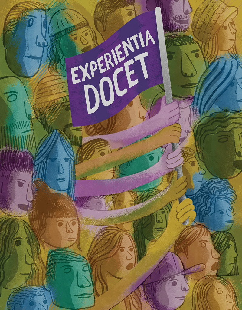 Illustration of colorful faces with a hand holding up a flag with the words 'EXPERIENTIA DOCET'