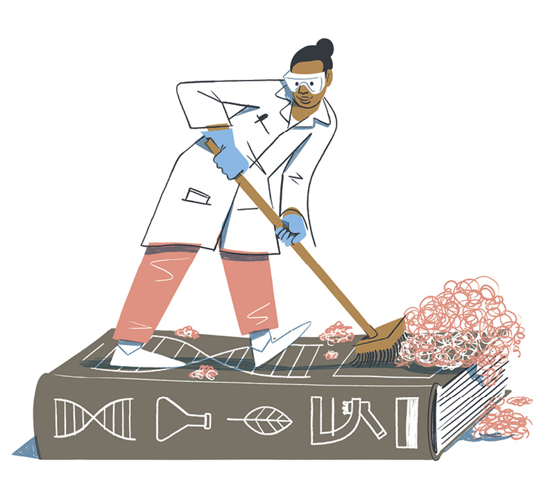 illustration of female scientist standing and scrubbing on a giant book