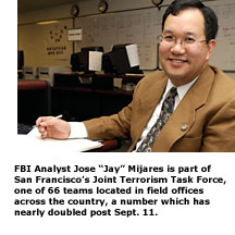 FBI Analyst Jose Mijares seated at his desk.