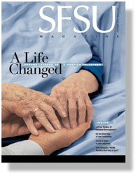An image of the cover of the last issue of SFSU Magazine which features a younger-looking hand reaching out to those of an elderly patient in a hospice