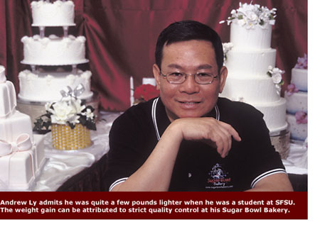 Alumnus Andrew Ly, the CEO of Sugar Bowl Bakery, smiles next to several wedding cakes