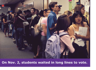 A line of students waiting to cast their votes in the J.Paul Leonard Library
