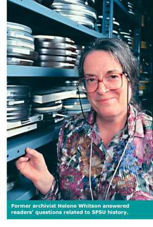 Former University archivist Helene Whitson stands among reels of footage in the J.Paul Leonard Library
