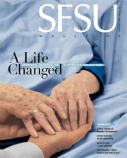 Fall/Winter 2004 SF State Magazine cover showing two sets of hands on a blue background