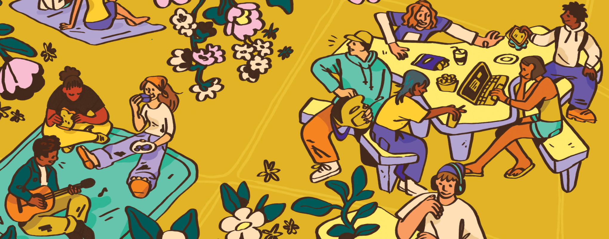 Illustrated cover for SFSU Magazine featuring students sitting at the quad lawn