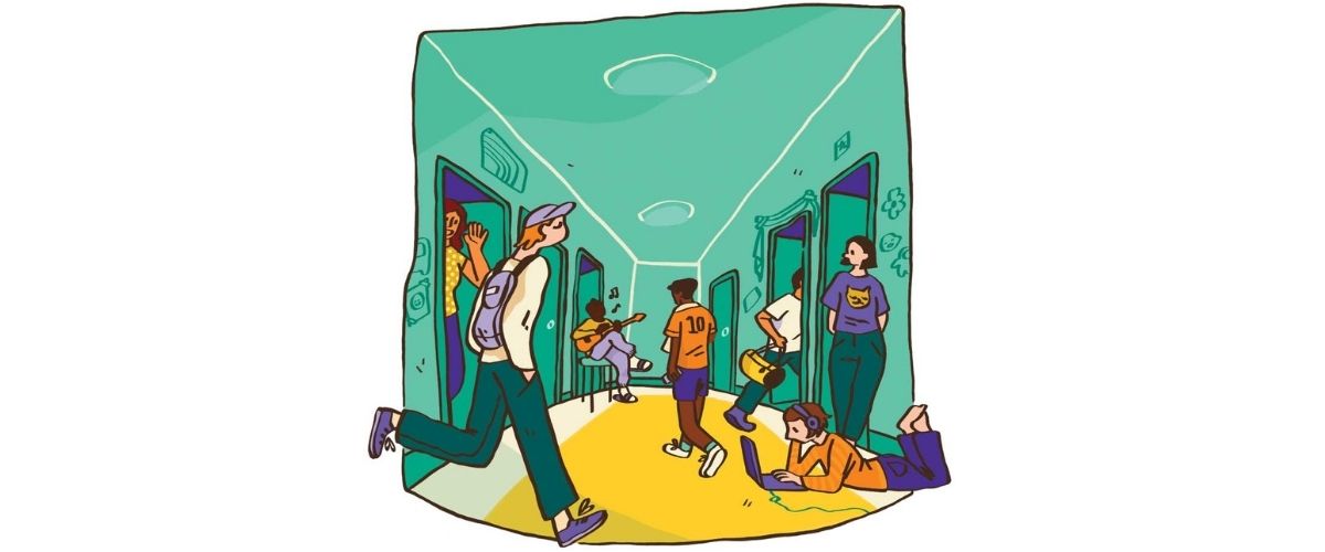 Illustration of typical dorm hall scene