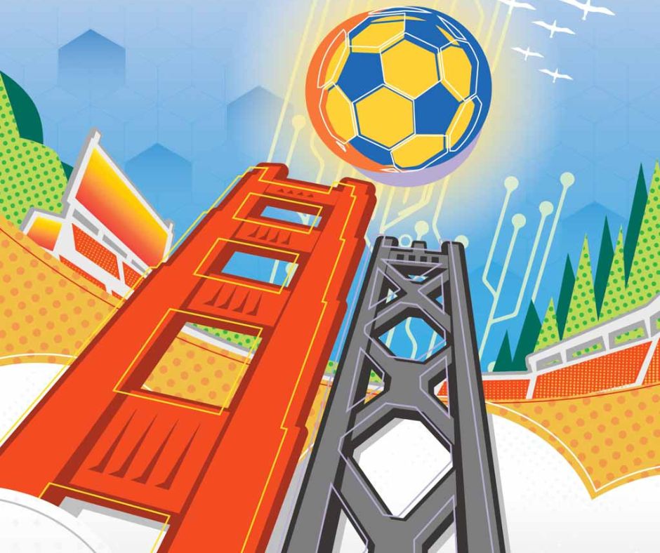 David-LeRoid's illustration of the golden gate bridge and bay bridge beams with the soccer ball portraying the sun over them.