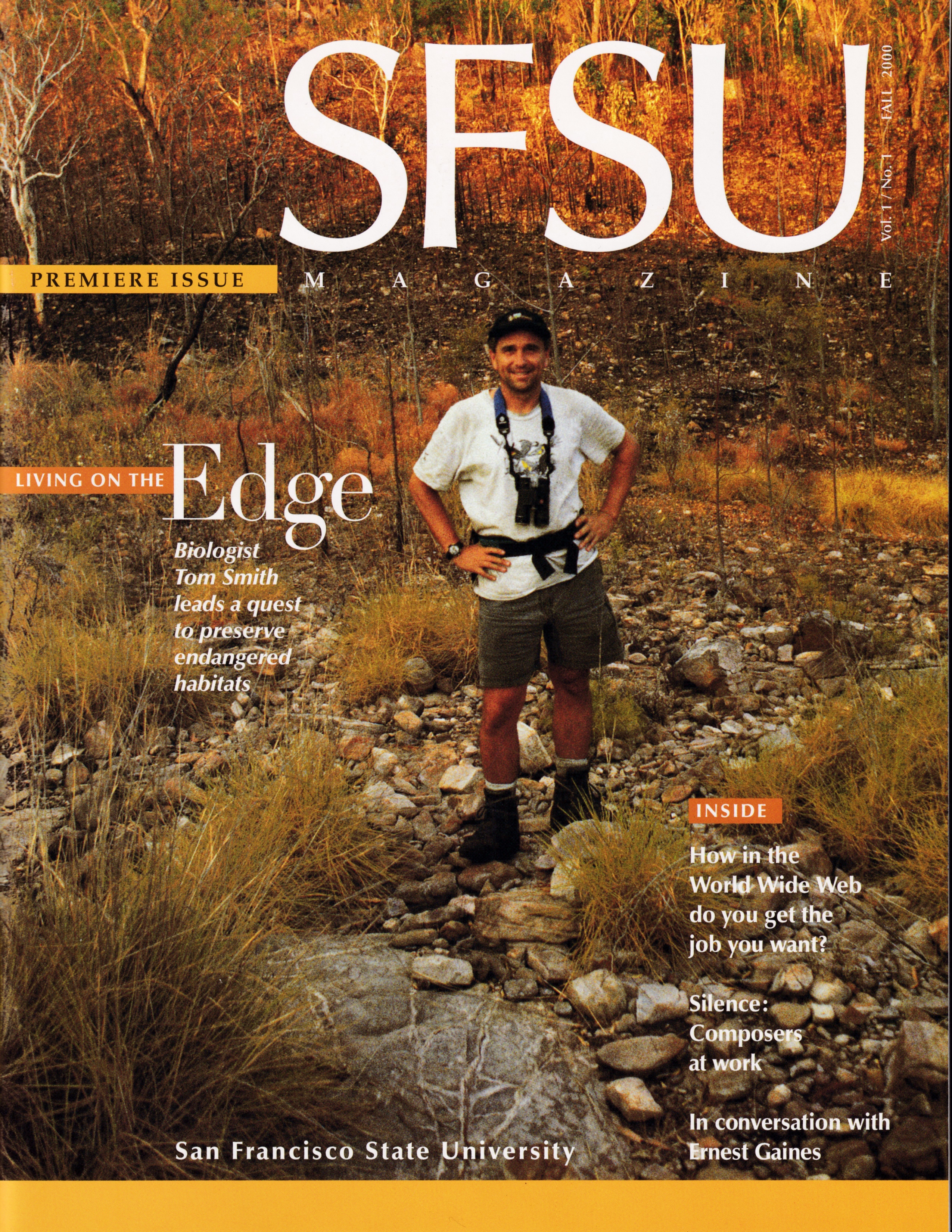 SFSU Magazine cover featuring Tom Smith standing on marshland 