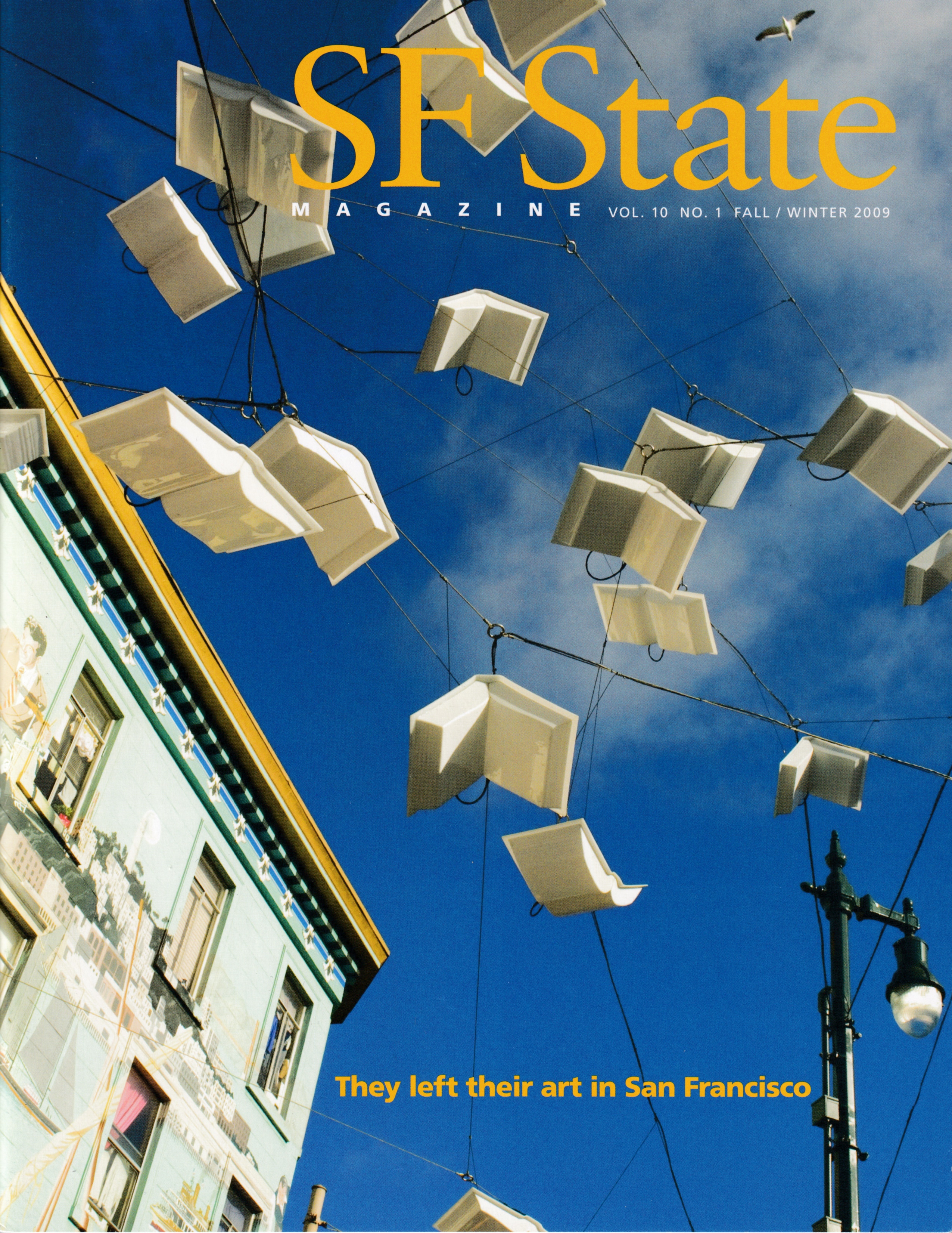 Books suspended in the air to look like they are flying