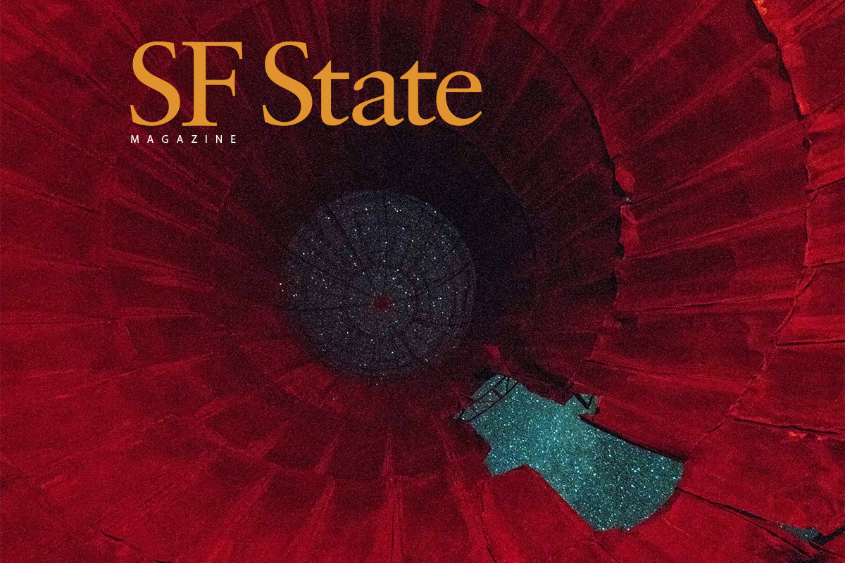 SF State Fall/Winter 2023 magazine cover art of an exploratorium and in the background outer space