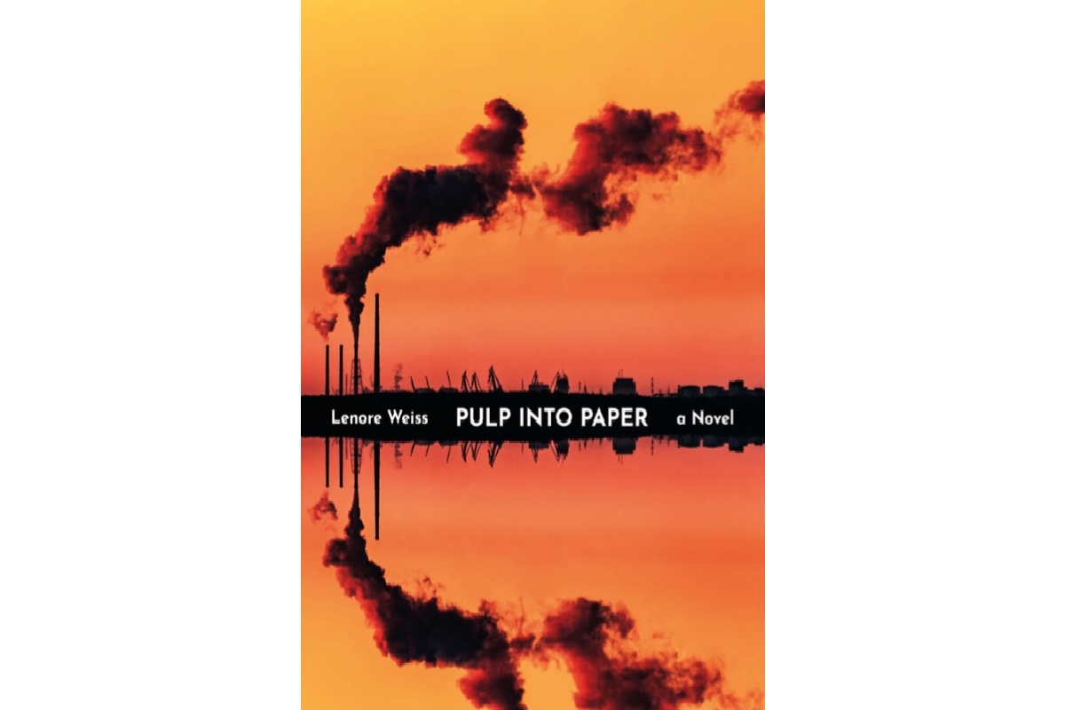 The cover of the book Pulp Into Paper with a picture of a smokestack spewing smoke over a body of water at twilight