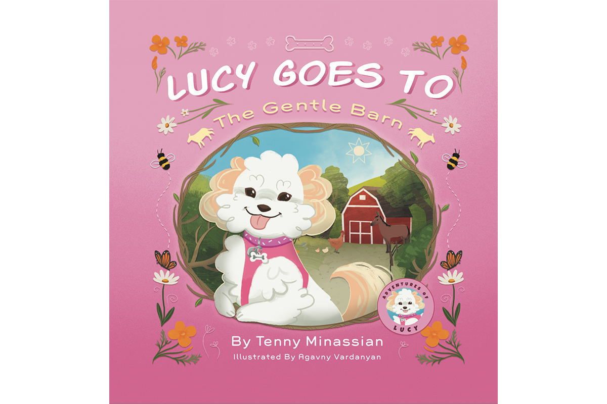 illustration of a poodle named Lucy and a red barn in the background