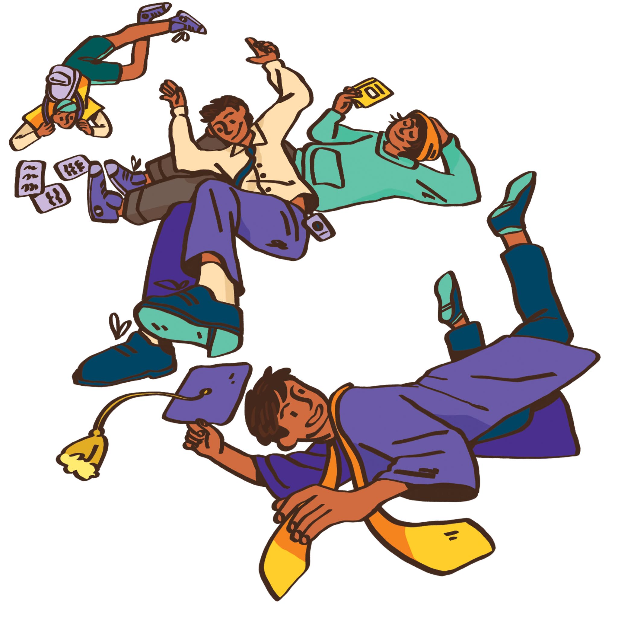 Illustration of 4 students floating showing the academic progression from first year to graduate