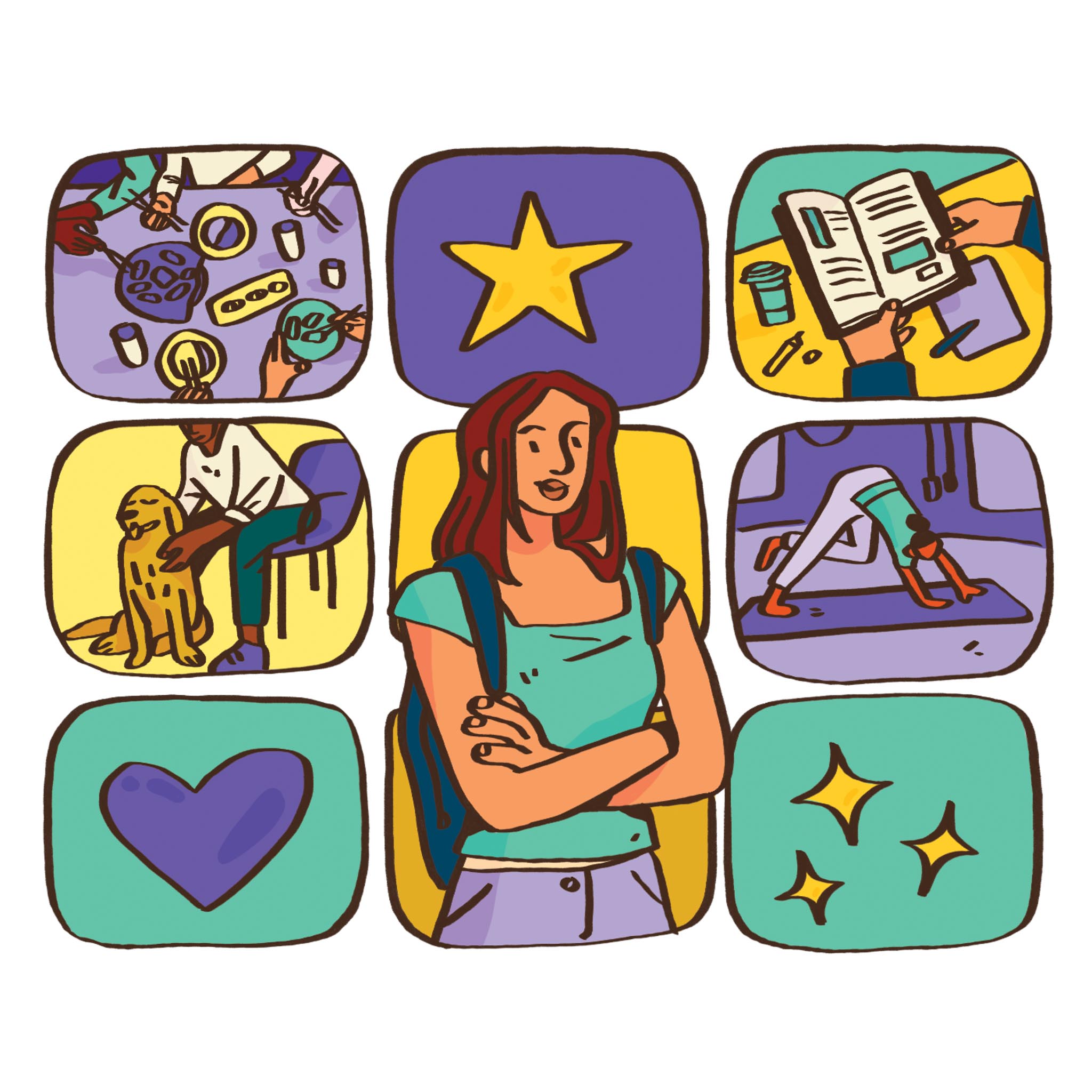 Illustration featuring panels highlighting several wellness support programs at SFSU