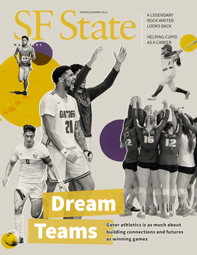 SF State Magazine cover art of Spring/Summer 2023 issue displaying a collage of athletes