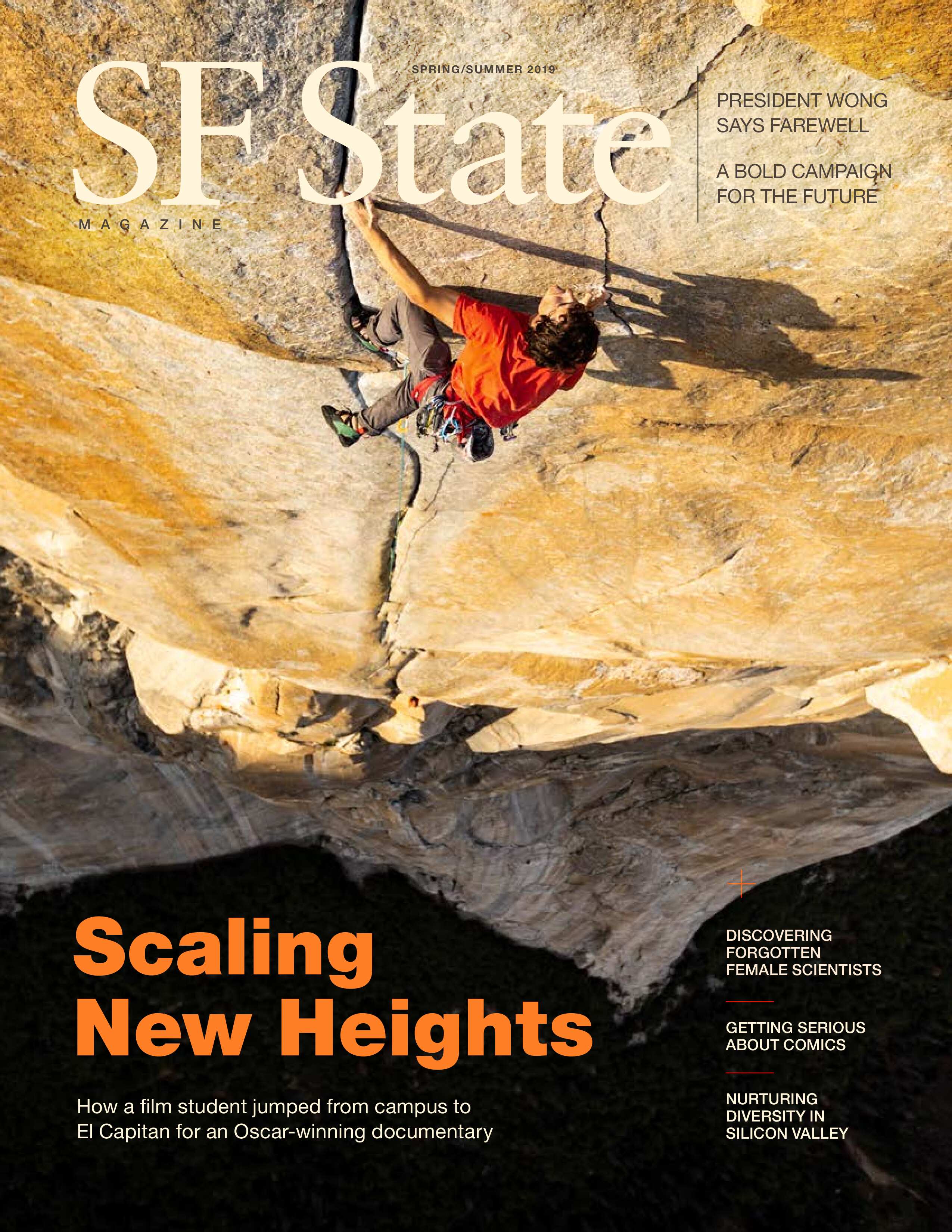 SF State Magazine Spring Summer 2019 cover featuring a rock climber scaling El Capitan