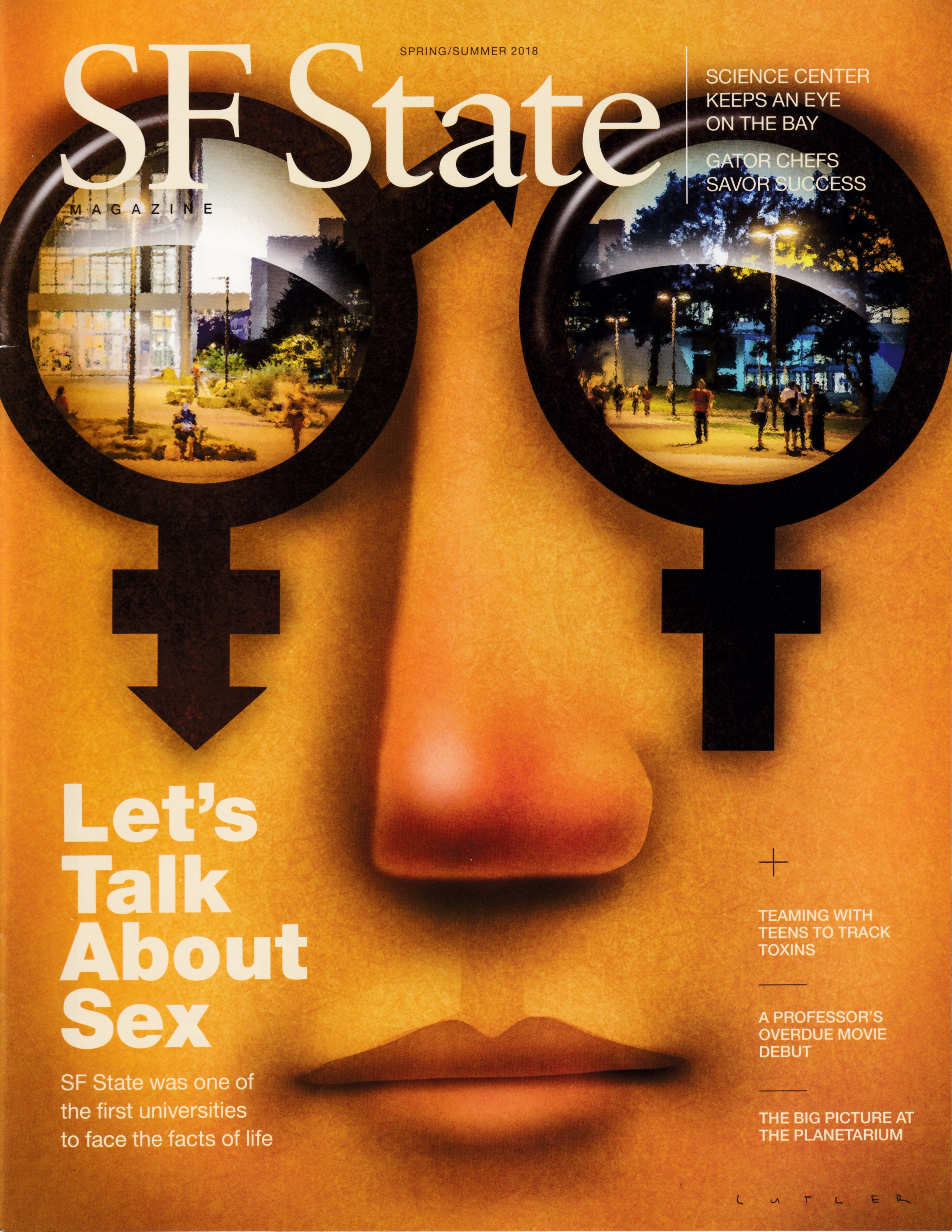 Illustration of a a close up face featuring glasses with each eye from representing a male and female signs