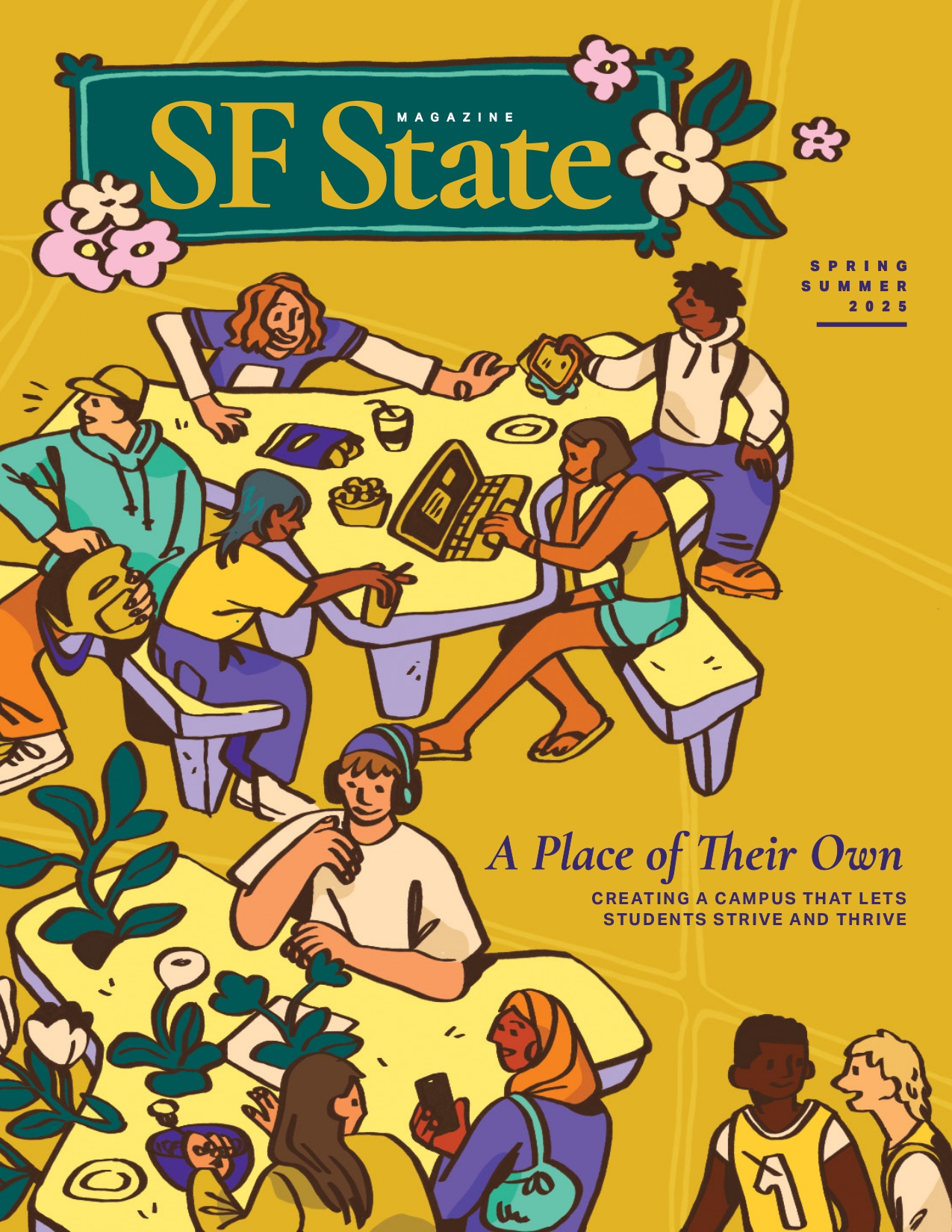 Illustration of students sitting in front of the library