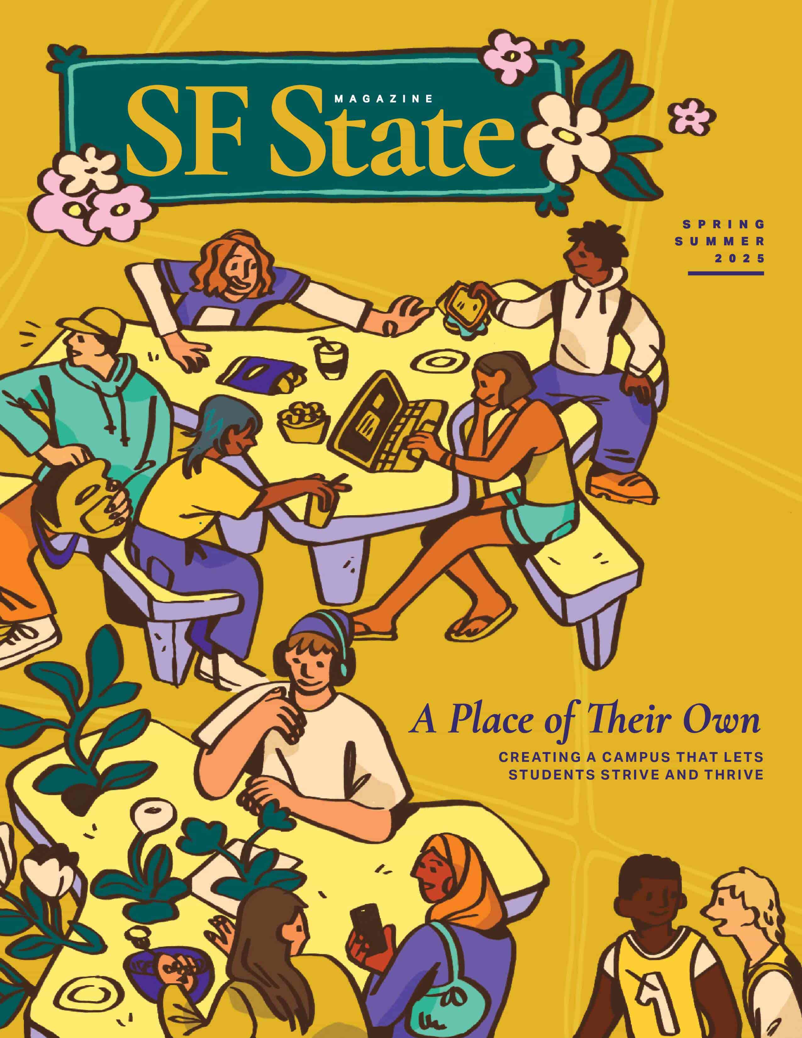 Illustration featuring students sitting on bench areas