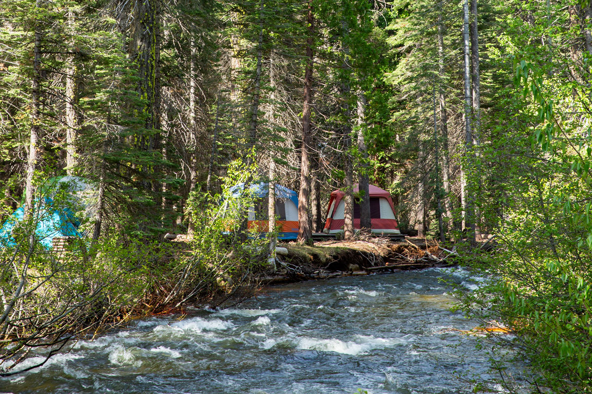 a river with tents in the background covered by forest