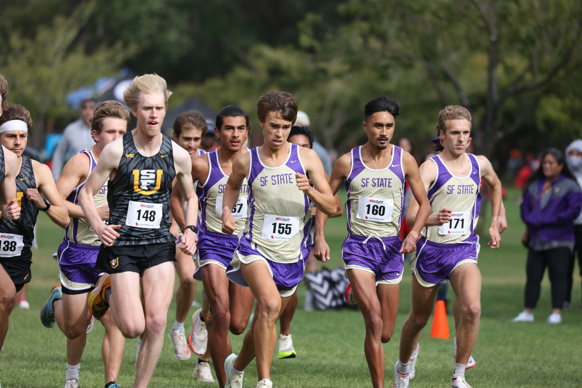 Men's cross country team running together