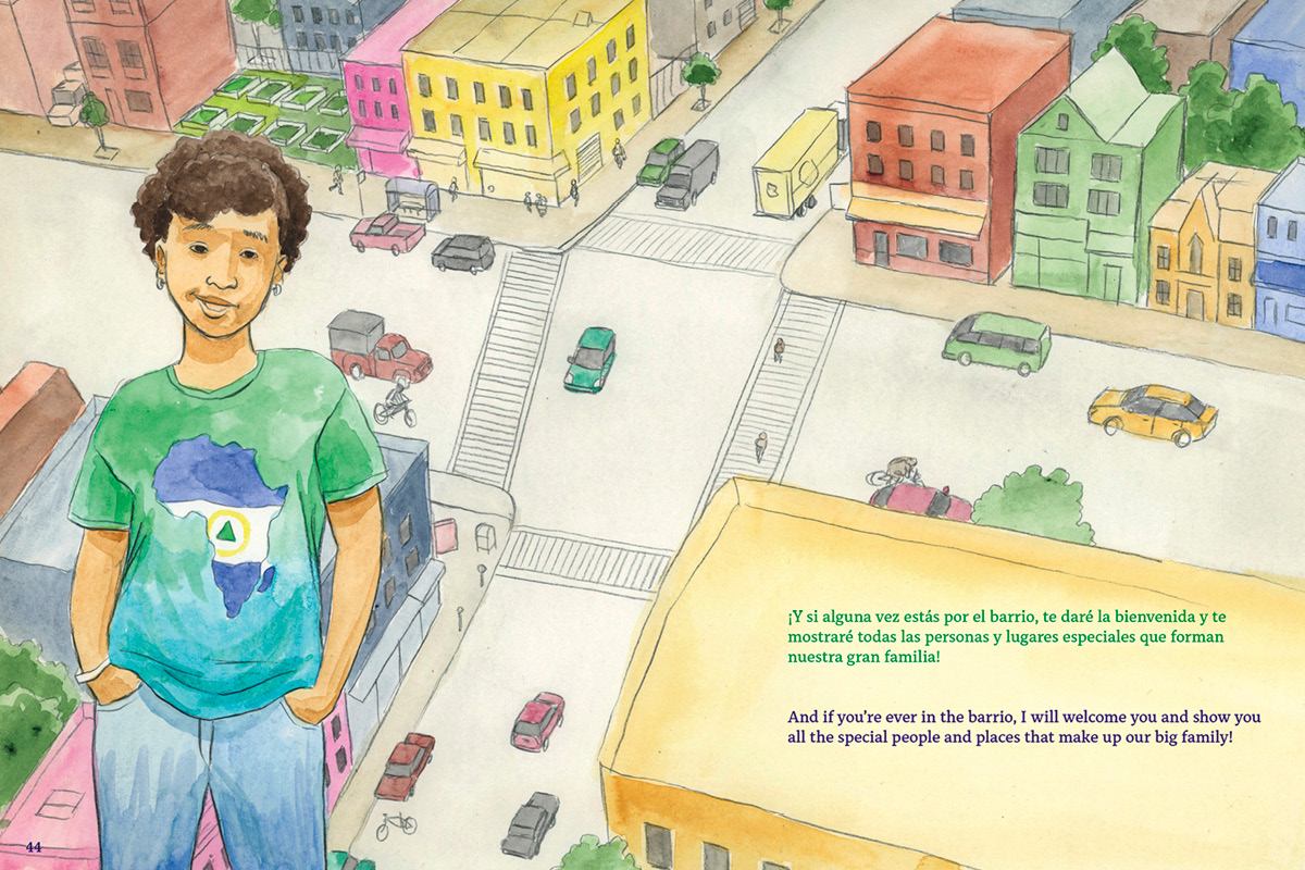 Drawing of woman wearing a T-shirt with the African Continent with aerial view of streets in the background