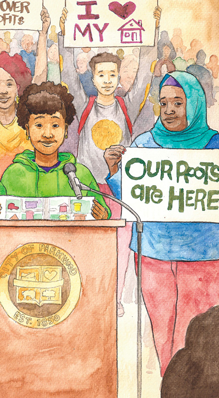 Drawing of woman at a podium and another woman holding a sign reading 'Our Roots are here'