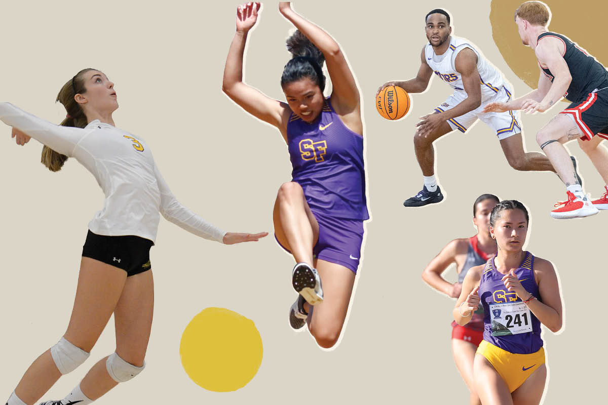 Collage of athletes: Volleyball player, Track and field athletes and basketball players.