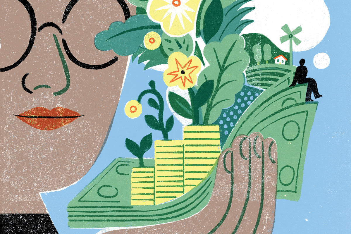 Money Matters feature with artwork of a woman holding money transforming into flowers