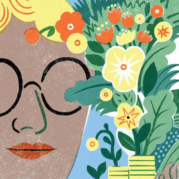 artwork of a woman's face wearing glasses next to flowers