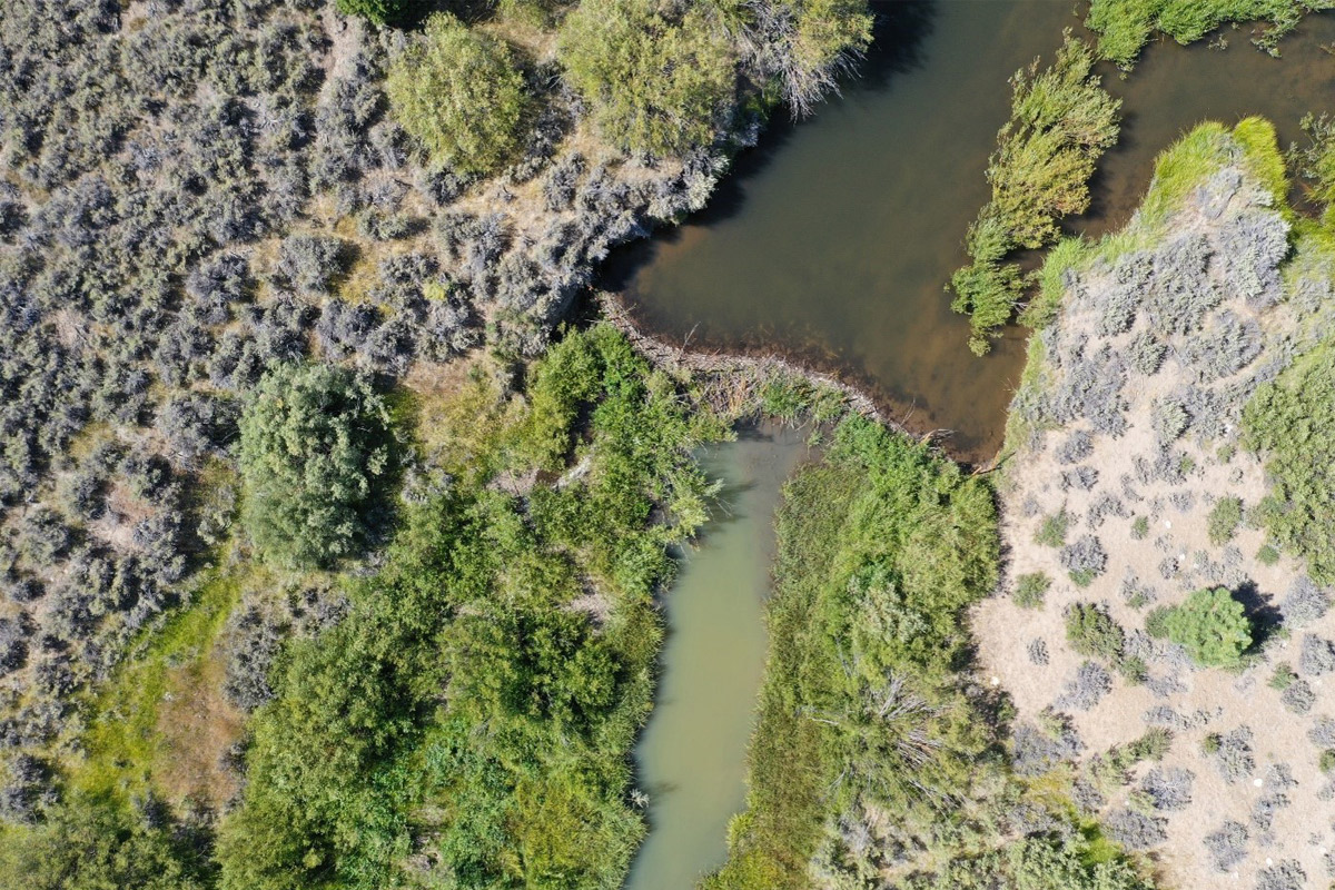 a drone shot of grassy fields and a river entering a channel