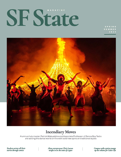 SF State Magazine Spring Summer 2024 cover art of cultural Hawaiian dancers and fire pit behind them