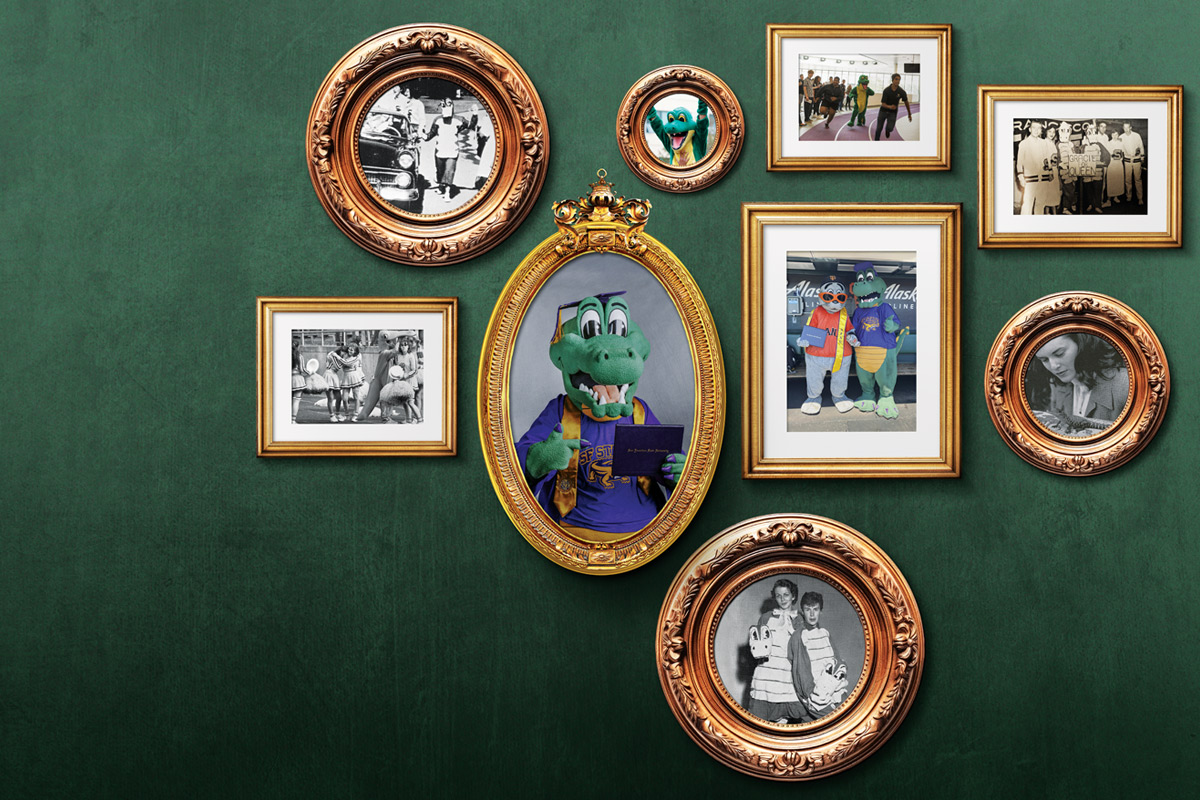 a green wall with a collage of picture frames showing Alli Gator throughout the years