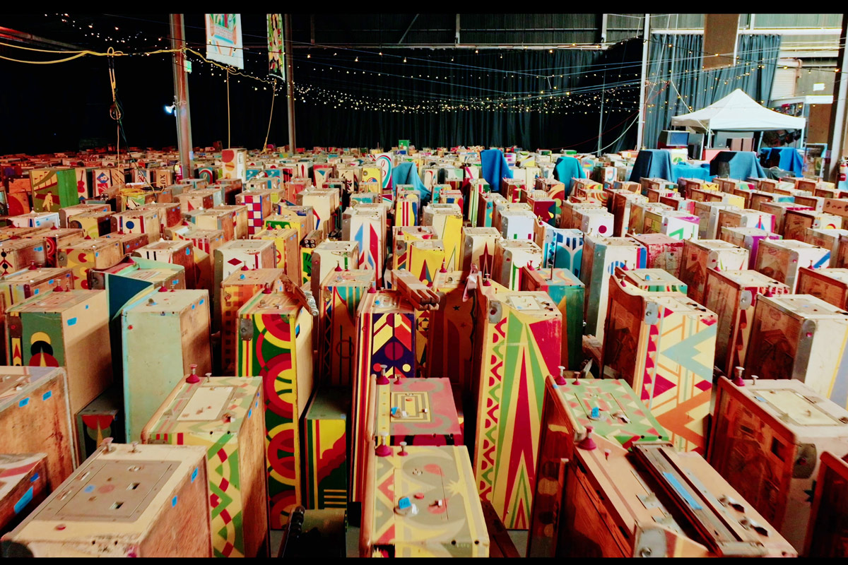 an aerial drone photoshoot of an arcade of pinball machines