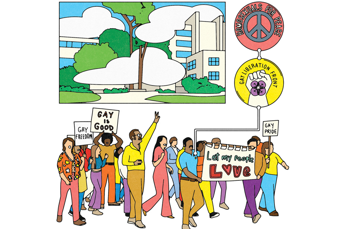 comic art of a group of people holding signs "Gay is Good" and peace signs of Gay liberation