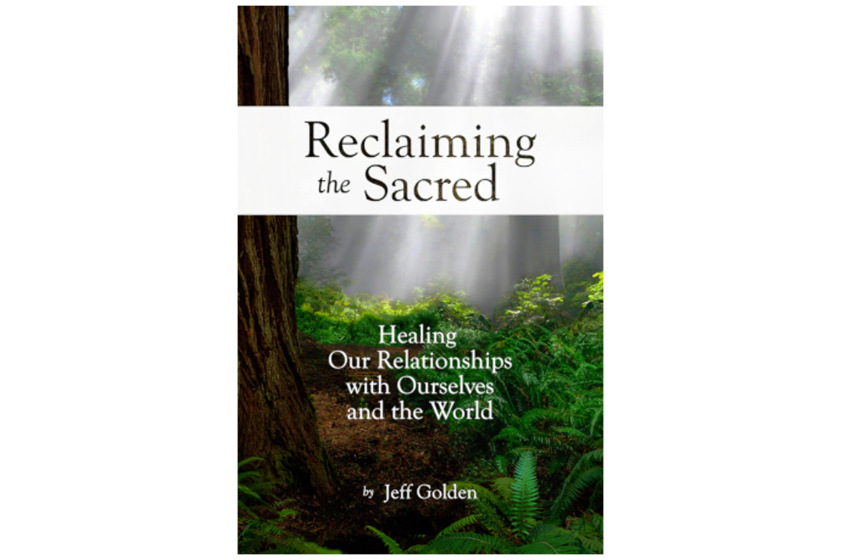 cover art of "Reclaiming the Sacred" showing a beam of light shining through a forest