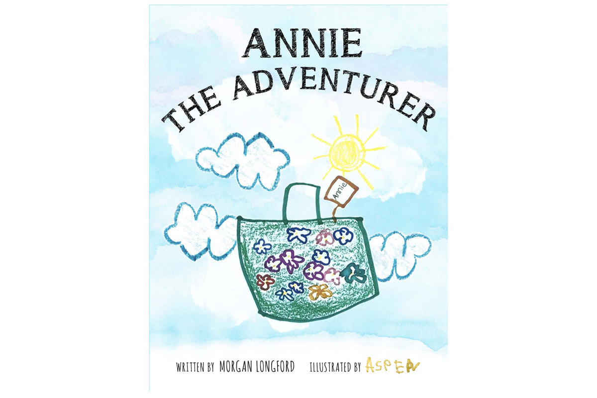 cover art of "Annie the Adventurer" showing a green tote filled with flowers and blue sky, colored with a crayons medium