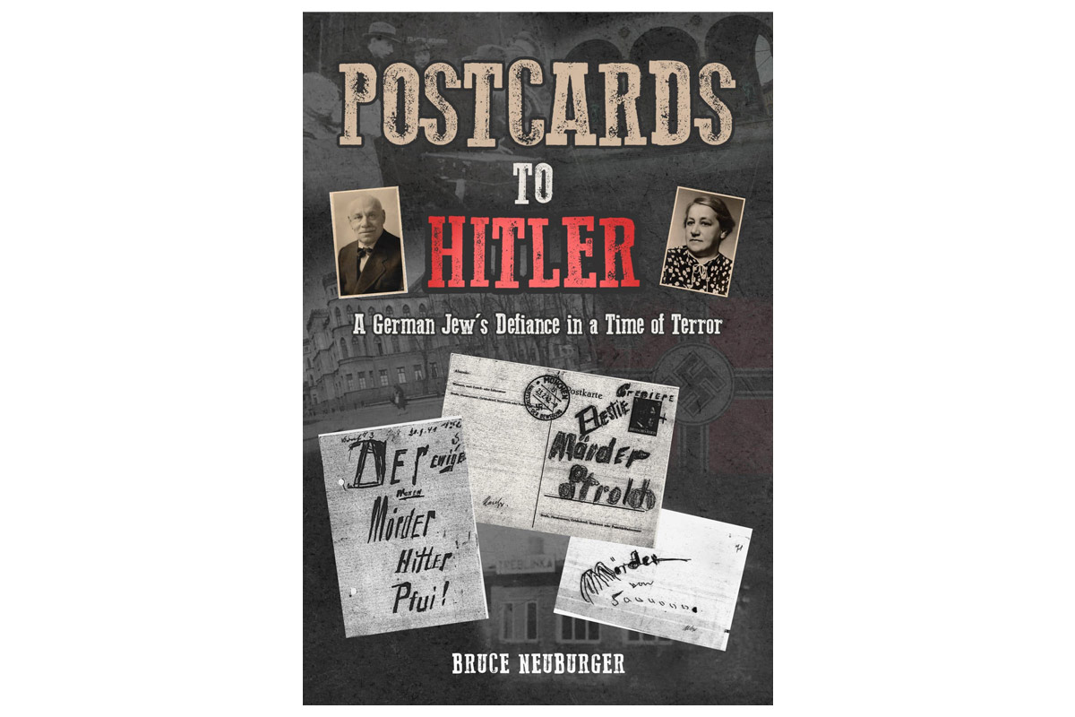 cover art for "Postcards to Hitler" showing photographs of a man and woman and juxtaposed postcards