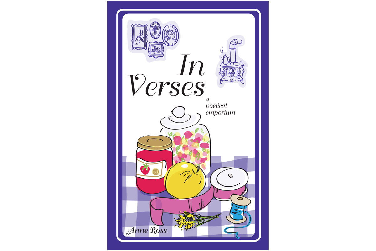 cover art of "In Verses" showing an illustration of a pattern table with strawberry jam, pear, pink wrap, blue fabric and a jar of candy