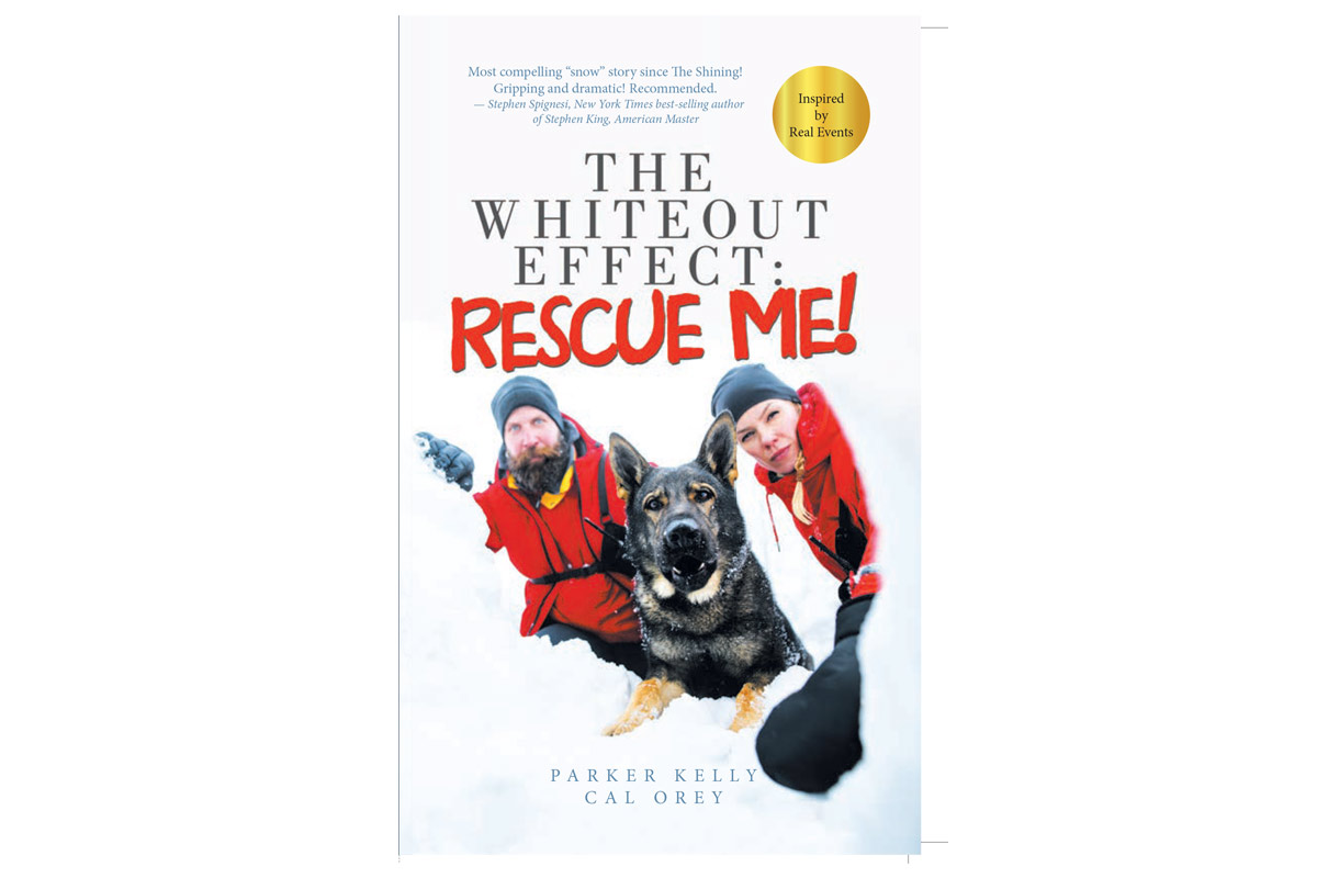 book cover of 'The Whiteout Effect: Rescue Me!' showing to people dressed in winter clothing with a dog in between them