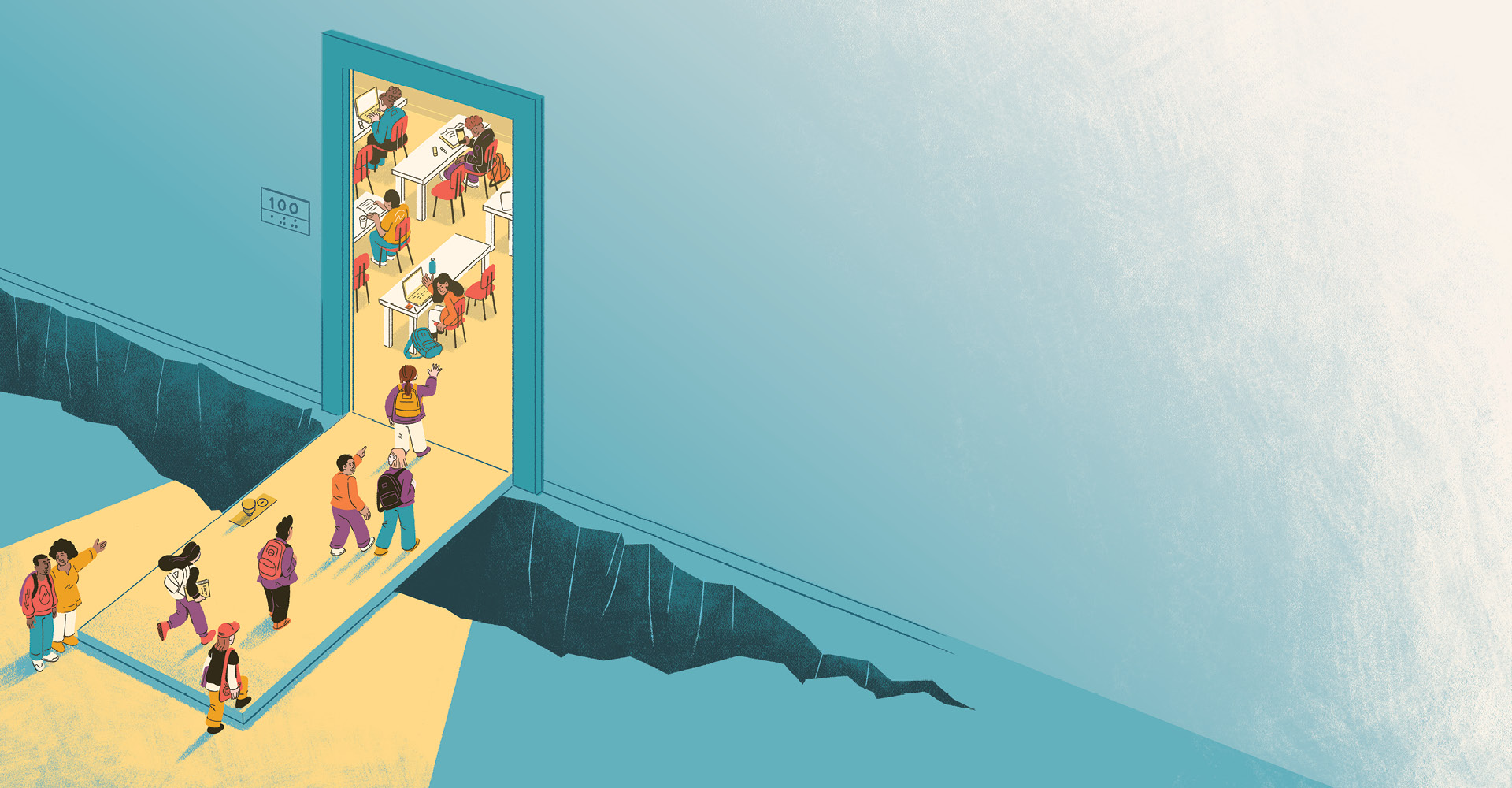 Illustration of students walking into a classroom using the door as a bridge