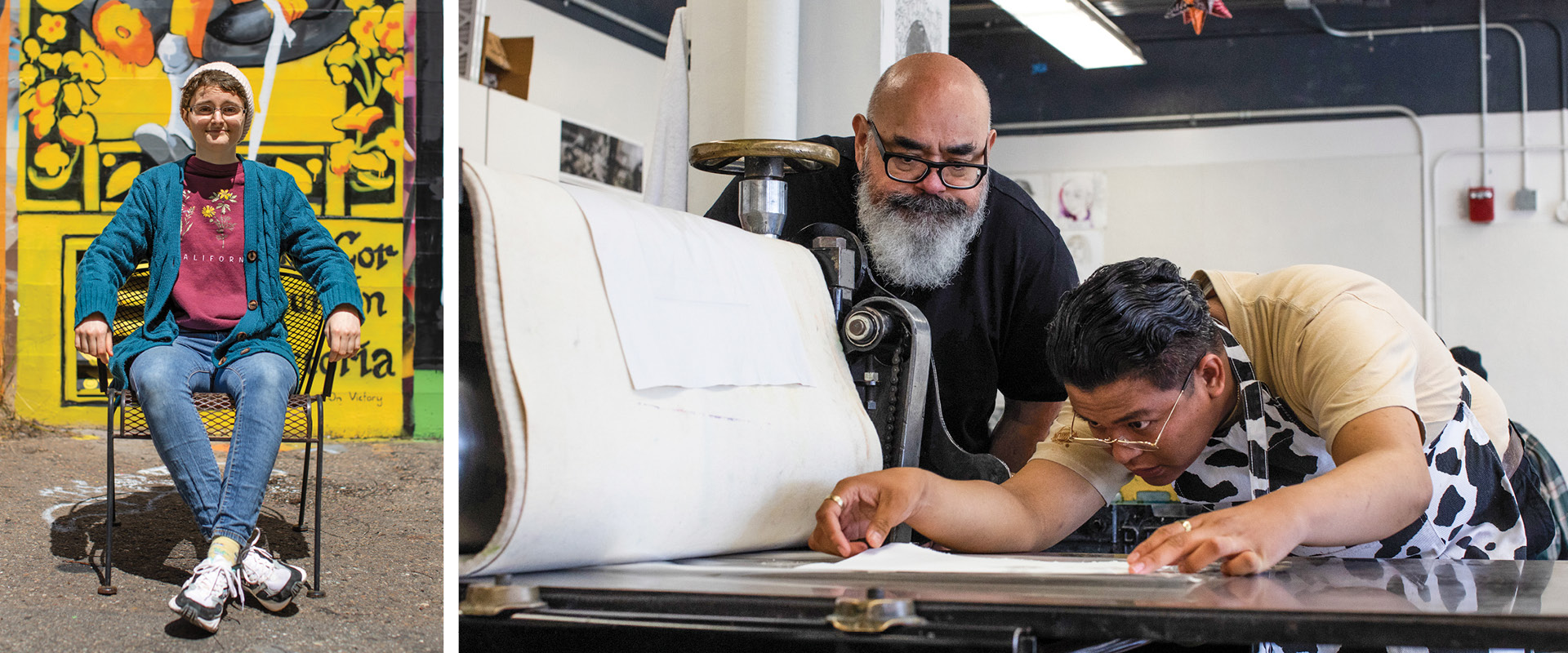 Female sitting in front of a mural (left), Victor De La Rosa working with a student (right)