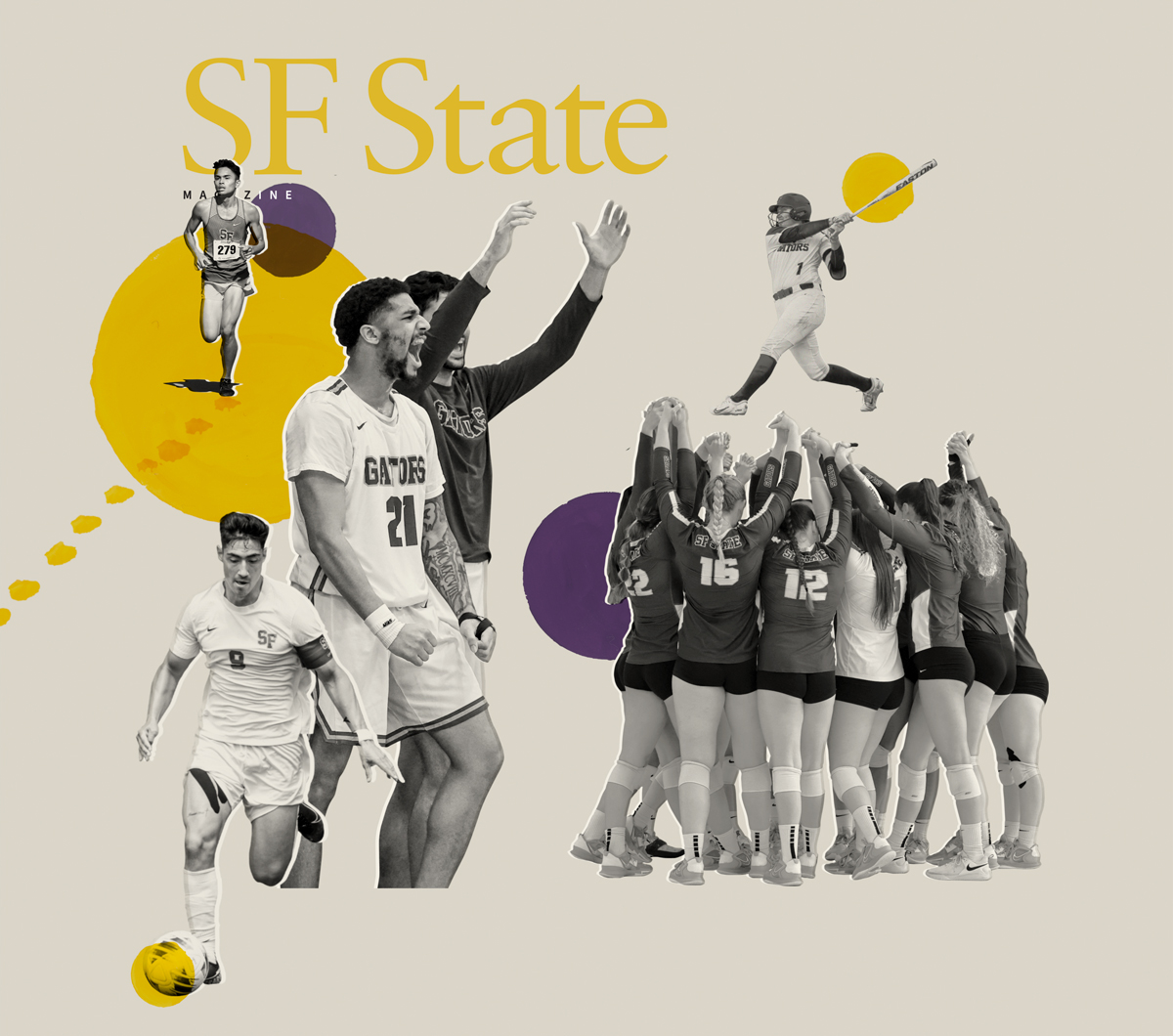 Athletes in a collage format. 2 Basketball players, a runner, a baseball player, a soccer player, and women's volleyball team.