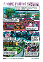 a comic poster of "Finding Filipino at SF State" illustrating a bus-stop, lecturers, protest, and Malcolm X plaza